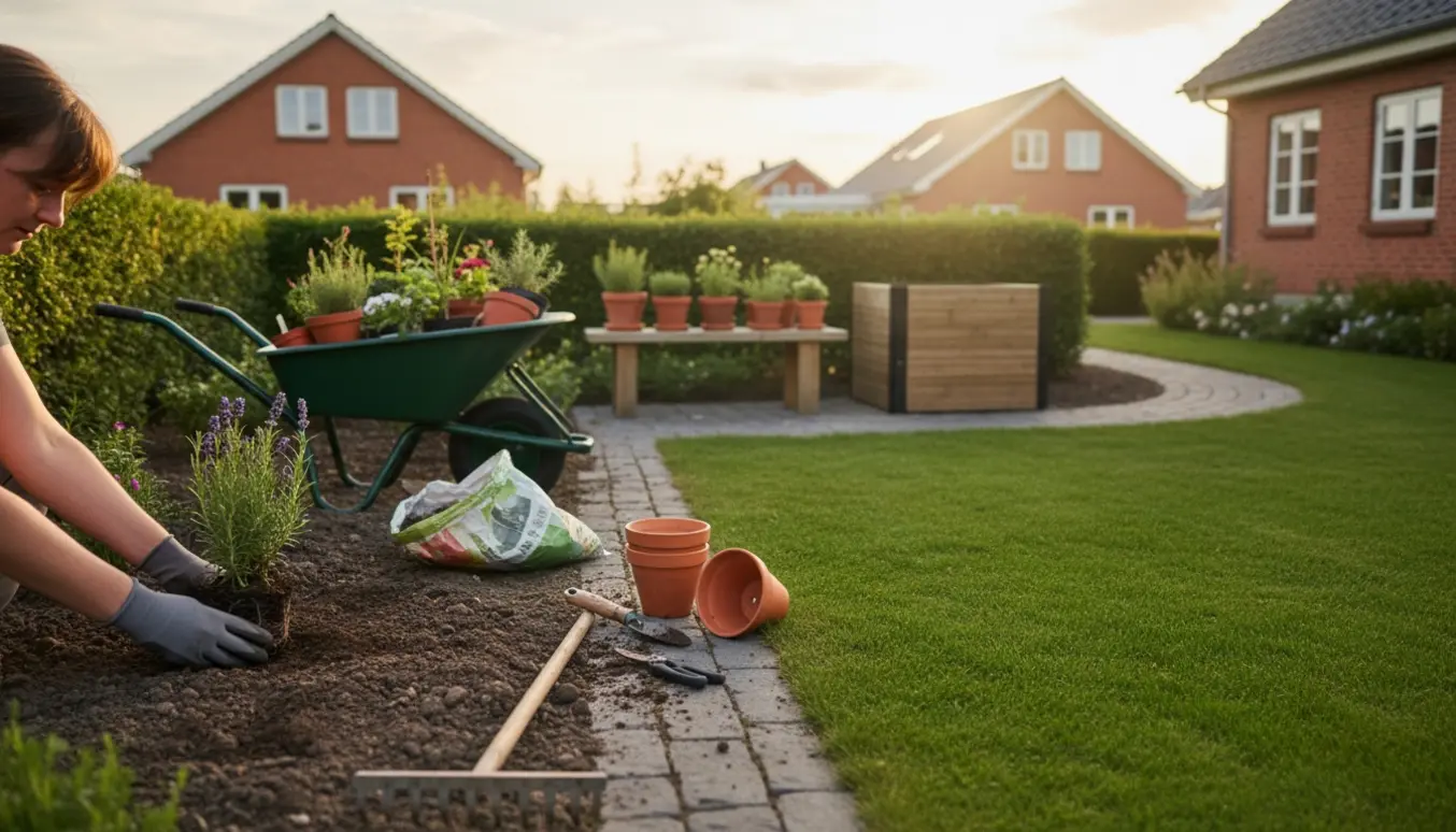 Hænder planter en blomsterstaude i en velholdt have i Solrød med trillebør og haveredskaber.