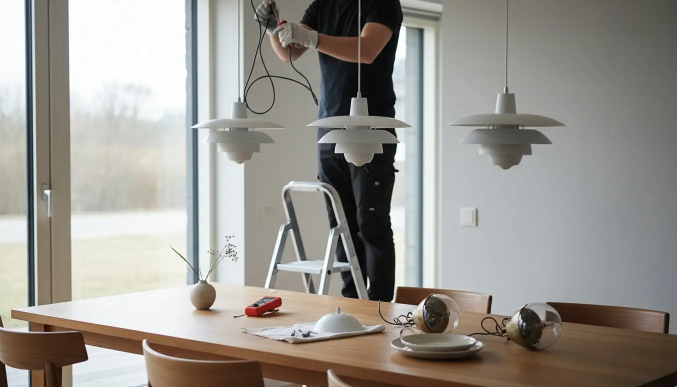 Håndværker på stige monterer tre hvide pendellamper (~30 cm) over et spisebord, to gamle lamper ligger taget ned.