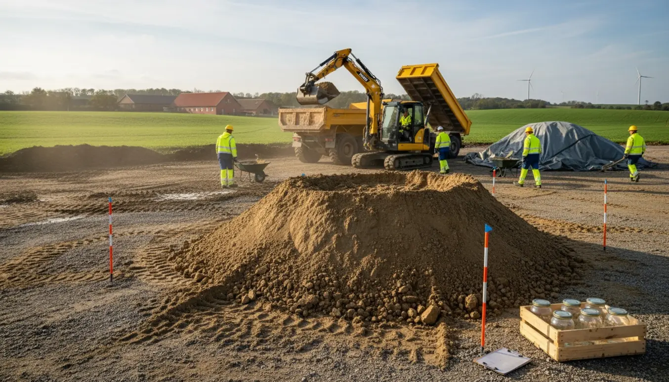Ren jord læsses fra en bunke nær Hammel: en gravemaskine fylder en lastbil, arbejdere ses bagfra.