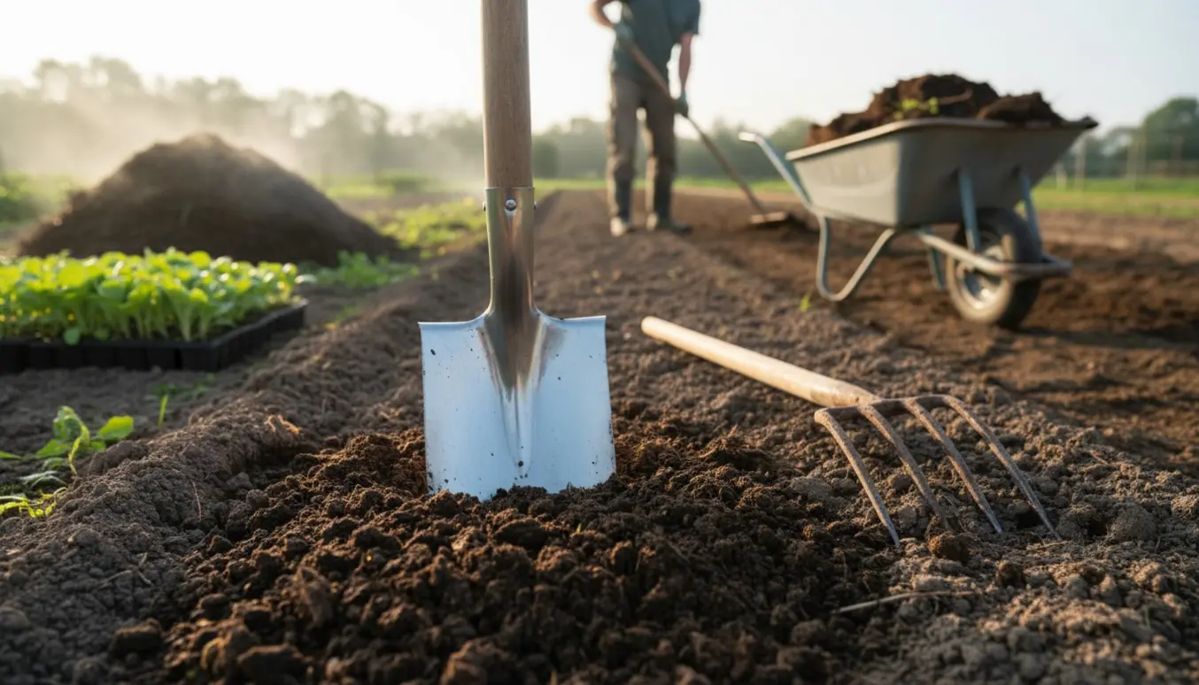 En skovl stikker i mørk, nygravet jord i en køkkenhave med trillebør og kimplanter i baggrunden.