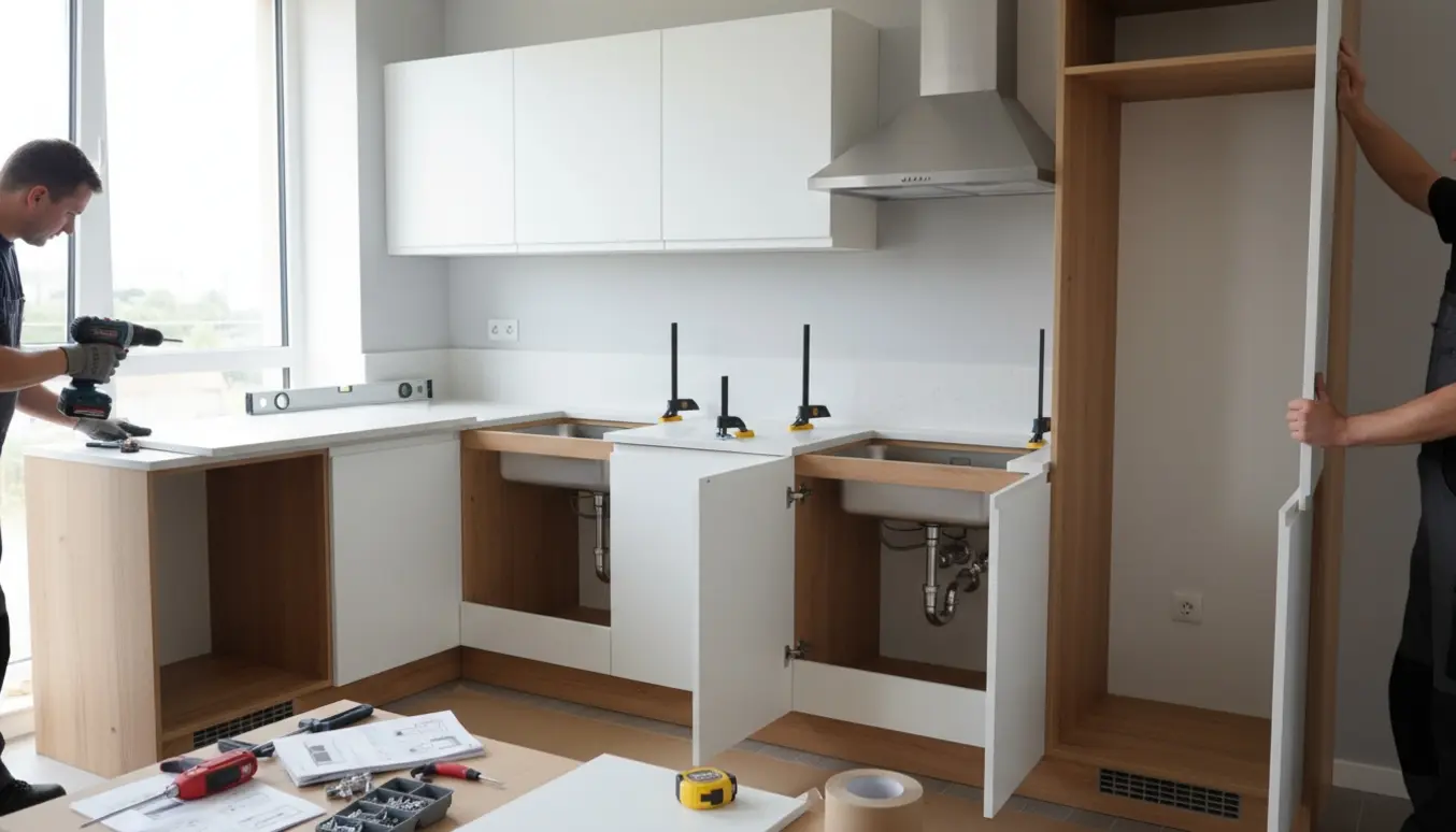 Nyt køkken under montering med åbne skabe, bordplade, hvidevarer og værktøj i naturligt dagslys.