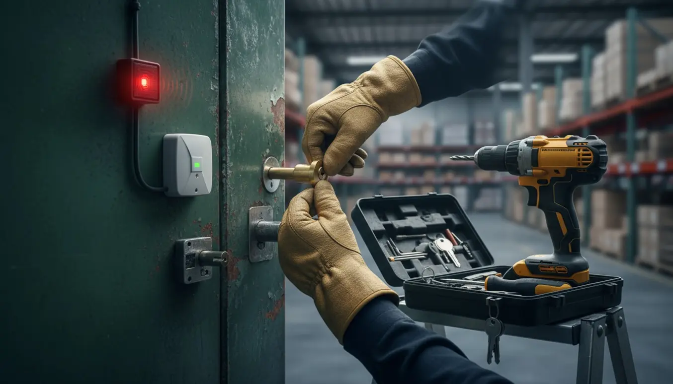 Låsesmeds hænder udskifter en cylinderlås på en metal lagerdør i morgengry med en blinkende alarm i baggrunden.