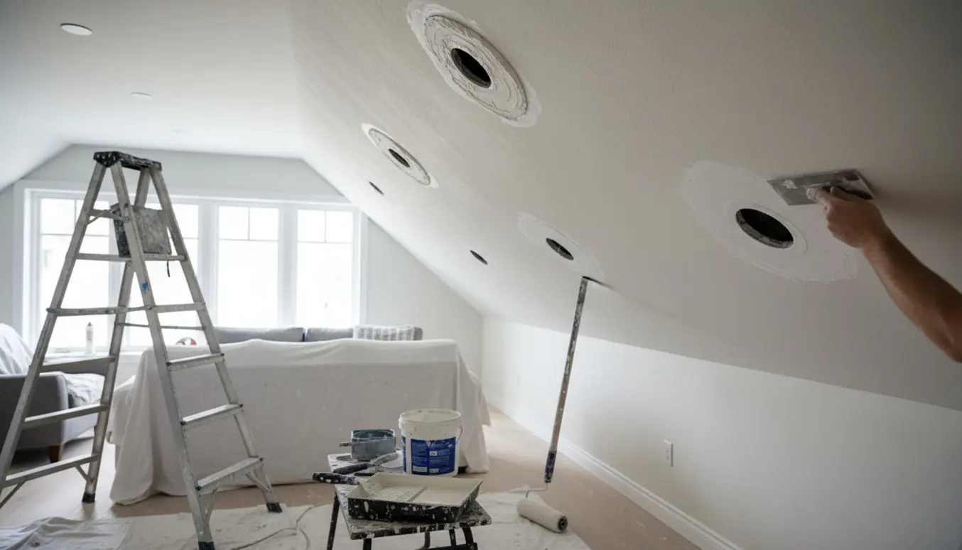 Skråt loft i en stue med fem nypudsede pletreparationer, afdækket møblement og malerens værktøj klar.