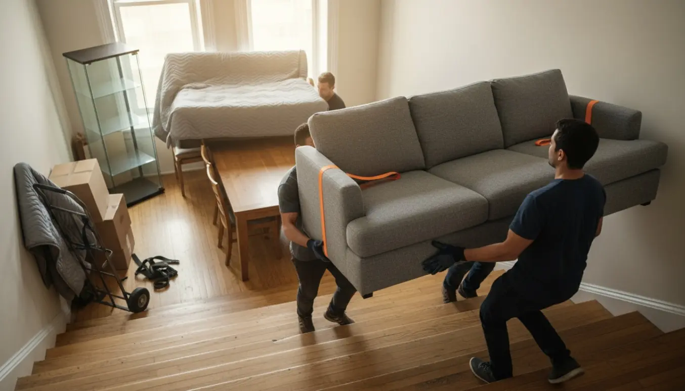 Flyttefolk bærer møbler og kasser op ad en rummelig trappe mod 6. sal med beskyttelsesbetræk og flytteudstyr.