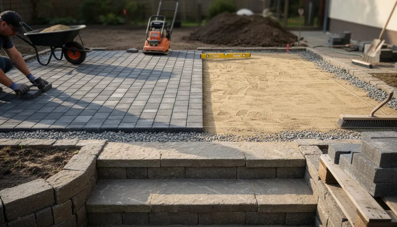 Halvfærdigt 8 m² terrasseareal med chausesten, grusunderlag, værktøj og fem trin ned til haven.