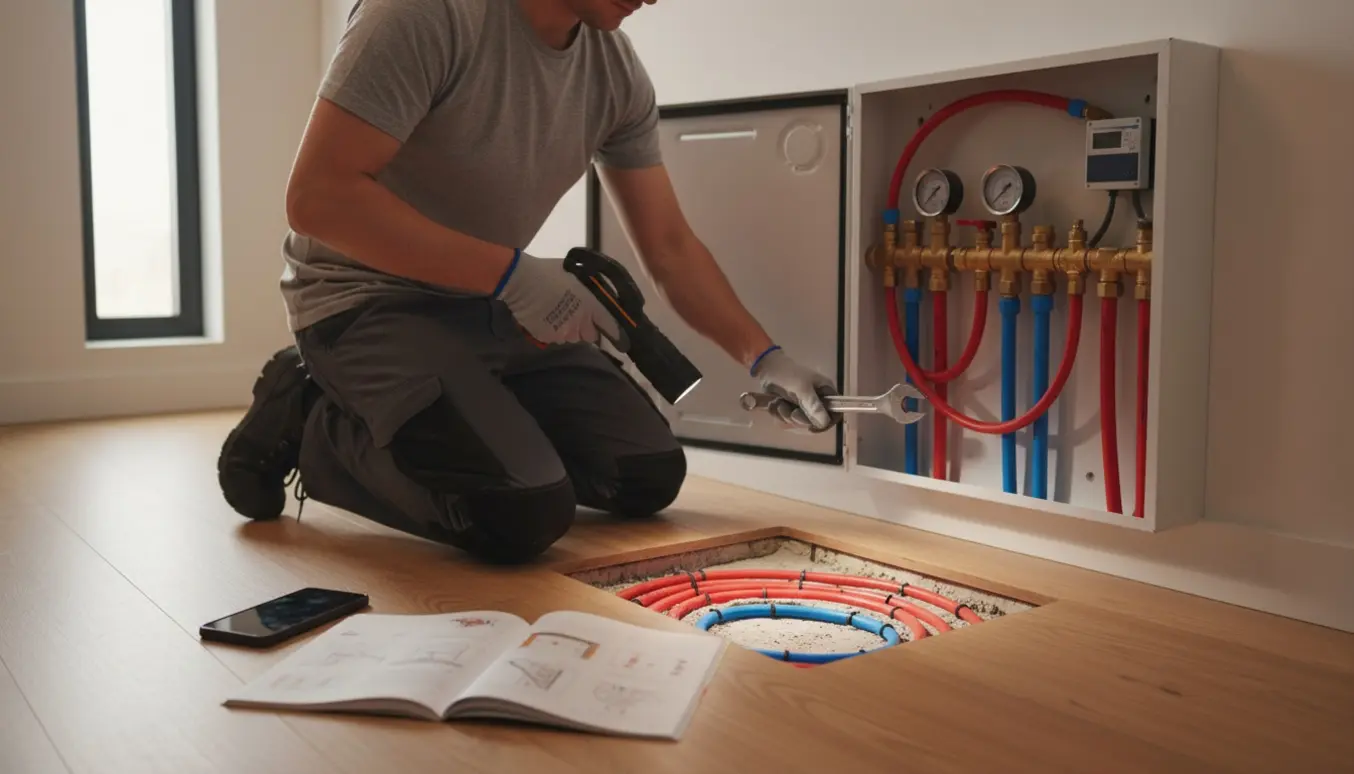 Hænder inspicerer en gulvvarme-manifold i et lyst og ryddeligt teknikskab.