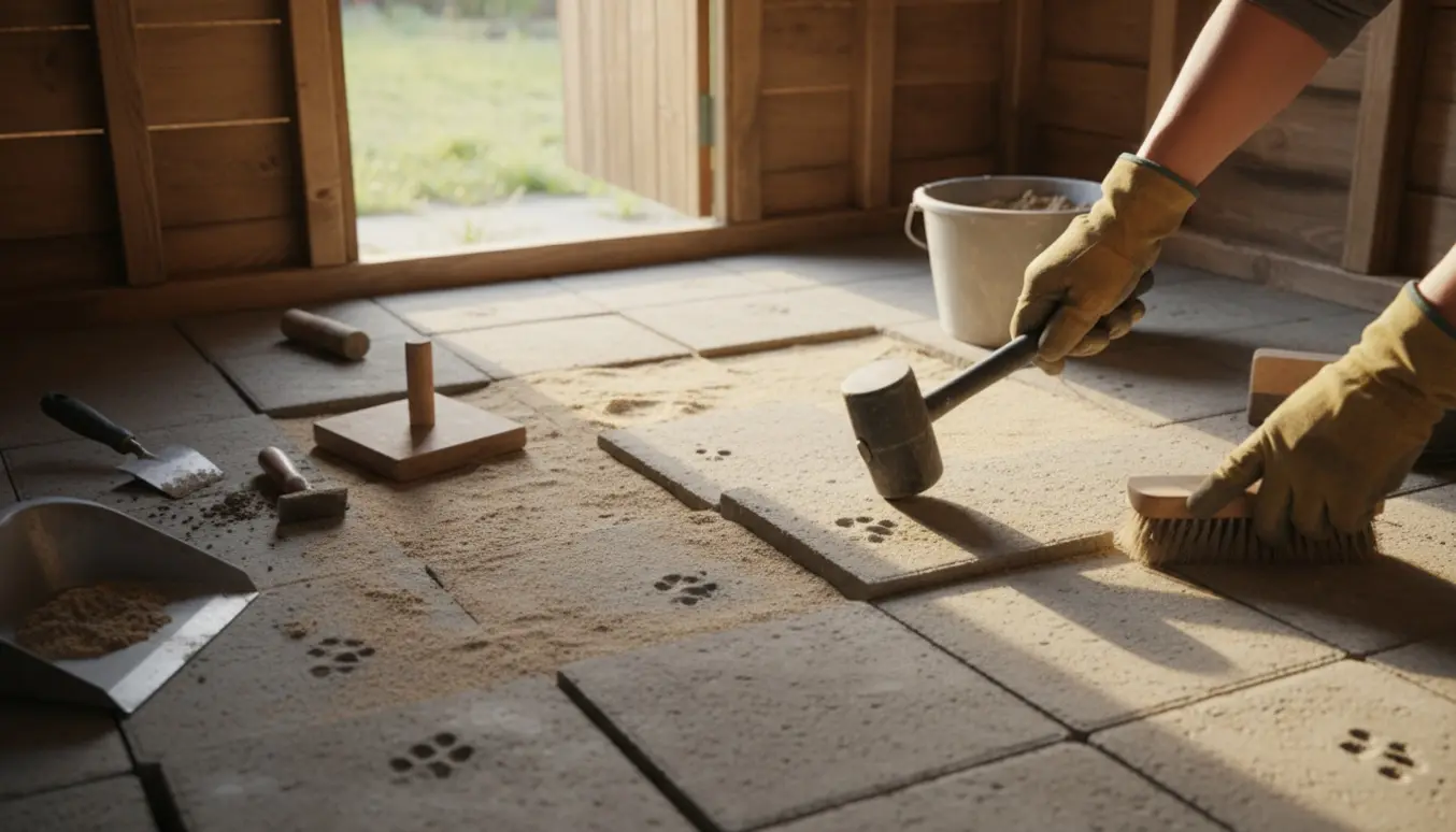 Arbejdshænder reetablerer fliser i et lille skur og fejer sand væk fra flisefugen.