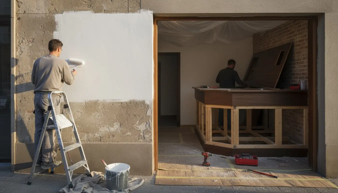 En facade males hvid ved en indgang, mens en bardisk indvendig demonteres med gulv- og loftsbeskyttelse.