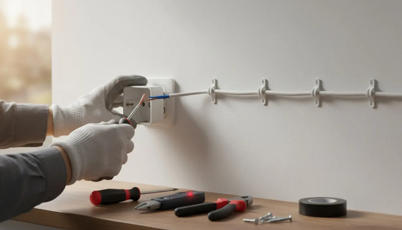 Hænder monterer en ny overflademonteret stikkontakt på en væg med synlig kabel.