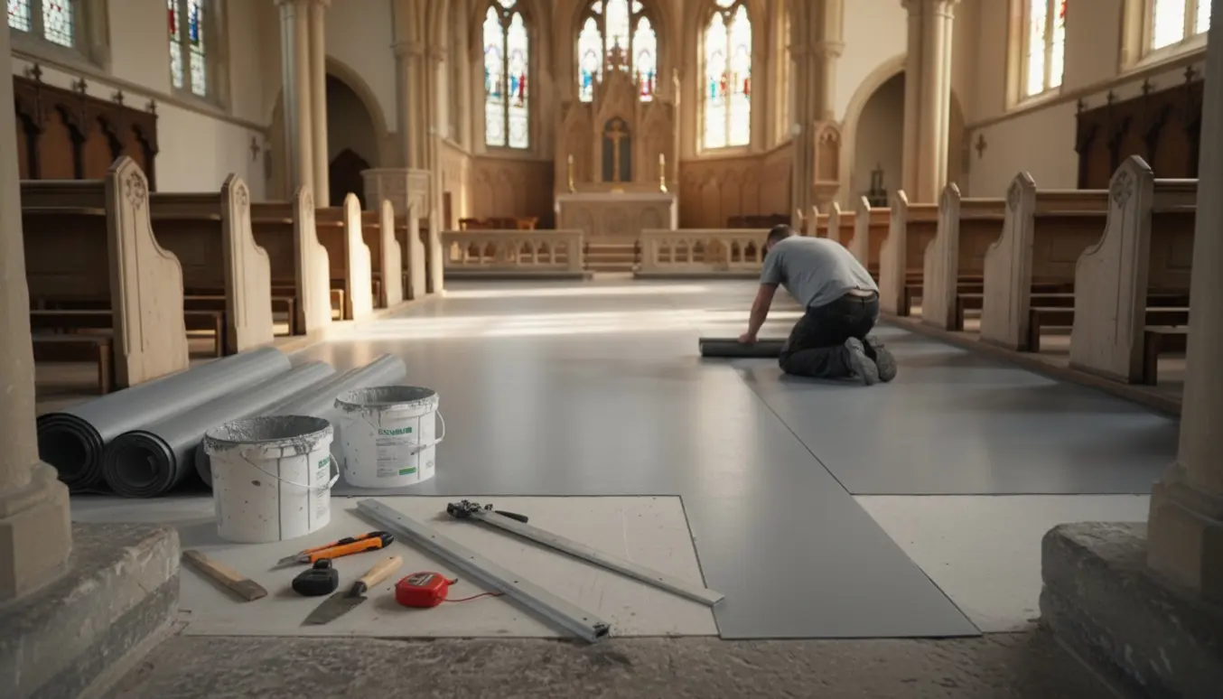 Håndværker ruller betongrå linoleum ud i en lys kirkesal med ruller og værktøj i forgrunden.