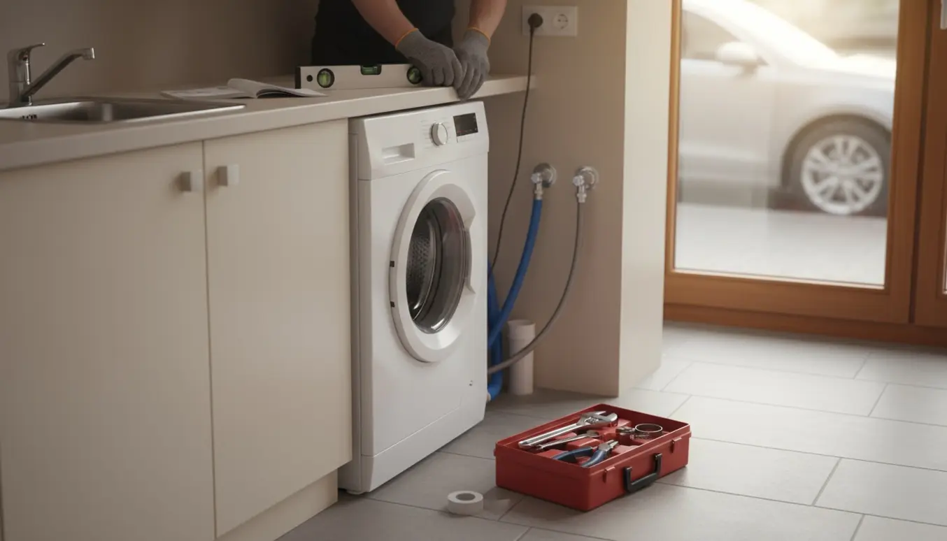 Tekniker tilslutter vand- og afløbsslanger på en vaskemaskine i bryggerset.