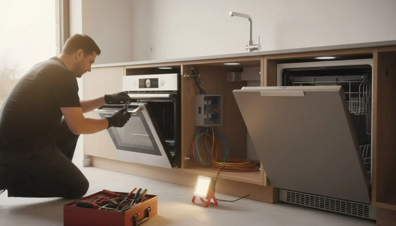 En elektriker forbinder kabler i et nyinstalleret køkken ved ovn, opvasker og Quooker under naturligt dagslys.