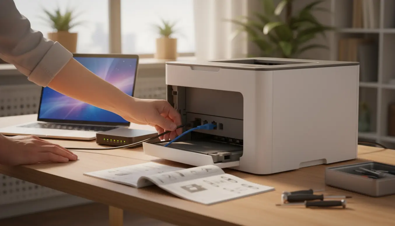 En tekniker tilslutter kabler og konfigurerer en kontorprinter på et skrivebord.