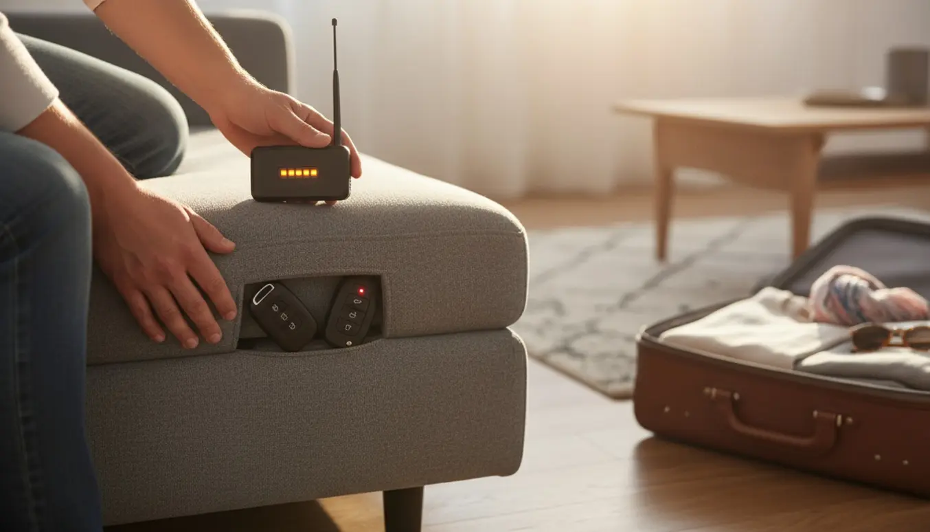 En hånd bruger en lille detektor under en sofa og afslører to elektroniske bilnøgler ved en åben kuffert.