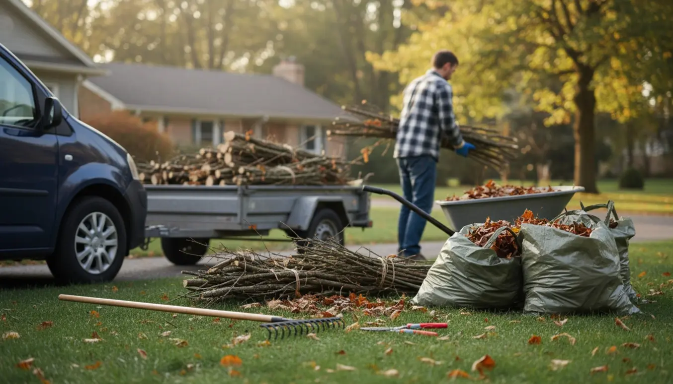 Trailer og sække fyldt med grene og blade ved indkørsel, en person i handsker læsser haveaffald.