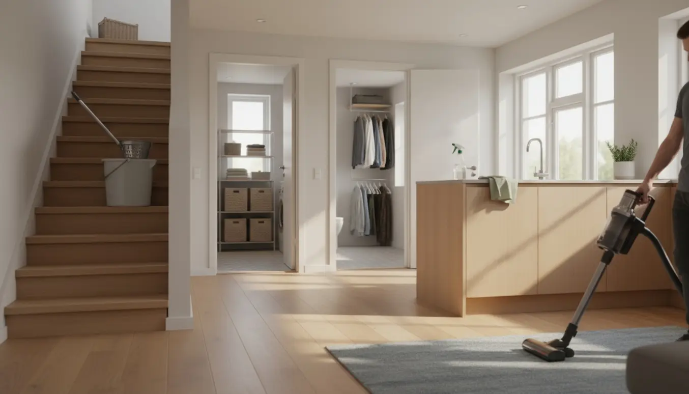 Interiørfoto af et hjem under rengøring med støvsuger, klud og moppe ved trappen til kælderen.