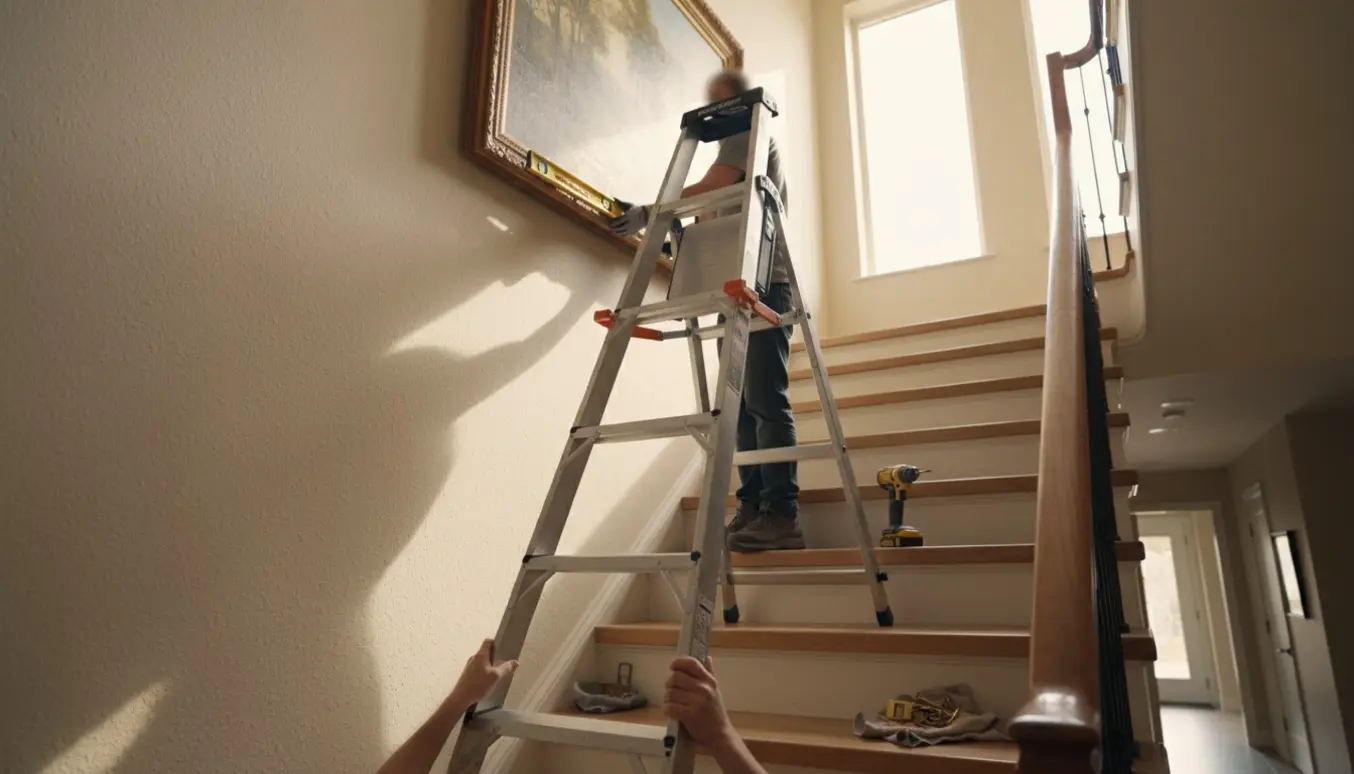 Stor stige og værktøj klar til at hænge et billede over en trappe, hænder justerer rammen.