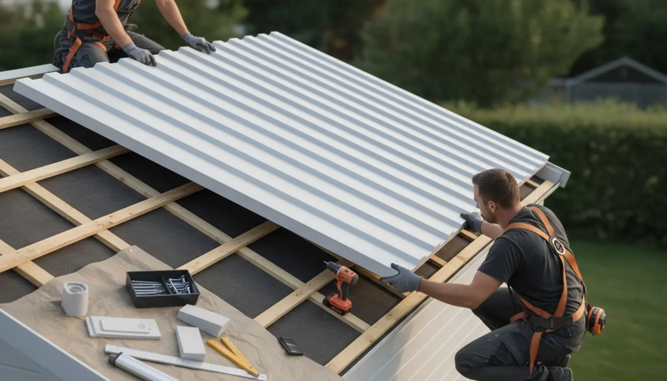 Udskiftning af termotagplade på et lille skur, håndværker justerer pladen fra en stige.