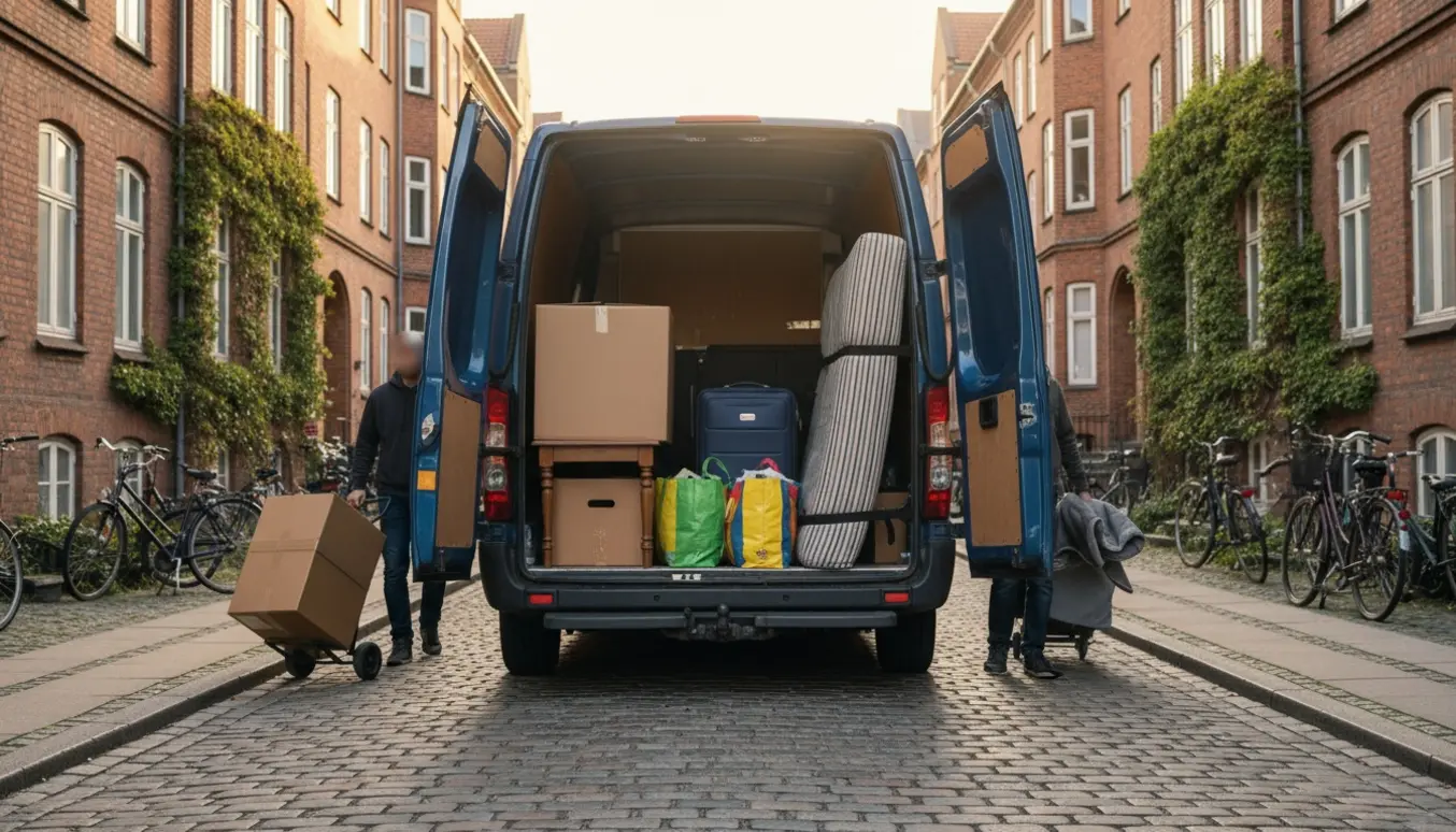 Flyttebil på fortovet med kasser, et lille bord, kuffert og poser klar til afhentning fra flere adresser.