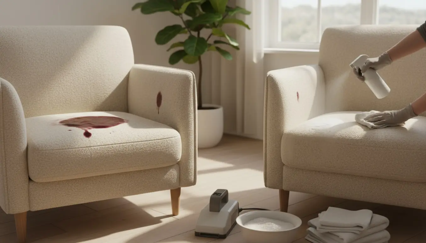 To uldstole ved et vindue, hvor pletter af vin, mælk og blod bliver forsigtigt renset med klude og en blød børste.