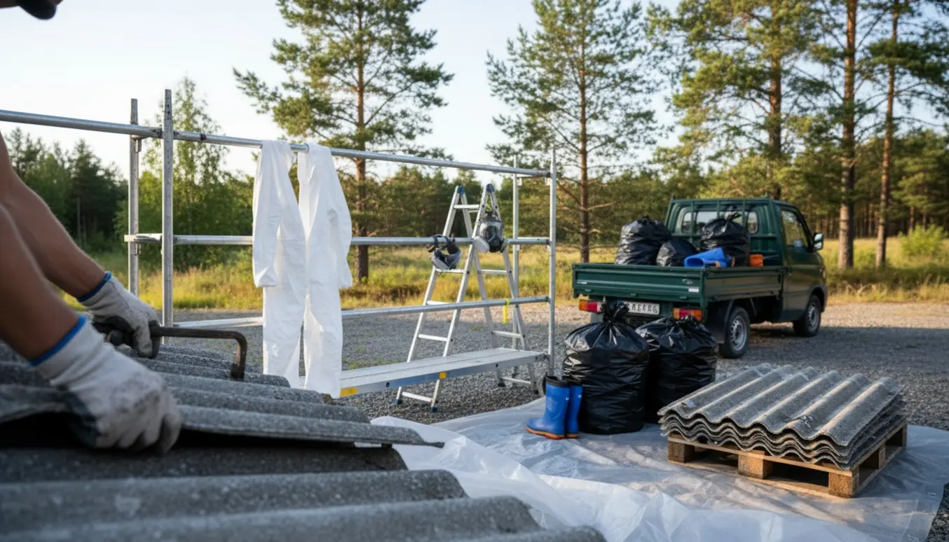 Faglærte arbejder fjerner og pakker asbesttagplader fra et lille sommerhus med beskyttelsesudstyr.