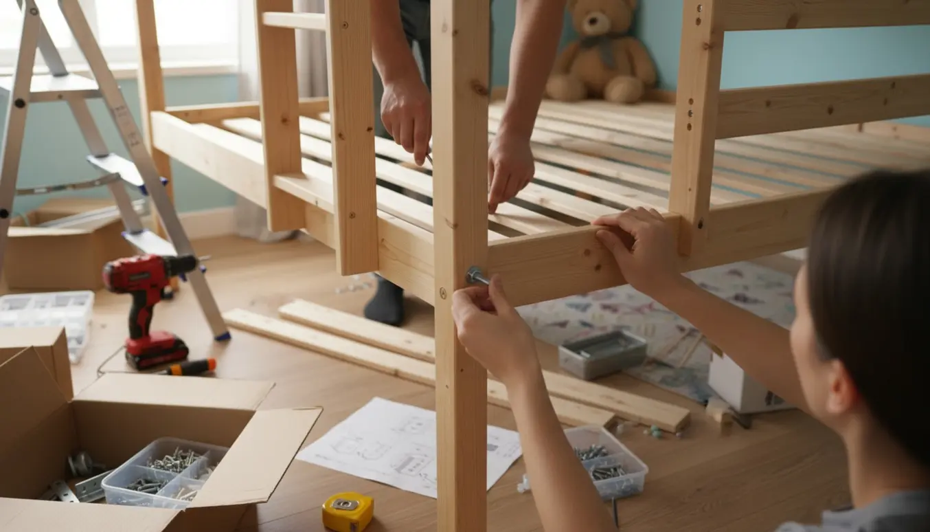 Hænder samler en køjeseng i et lyst børneværelse med værktøj og dele spredt omkring.