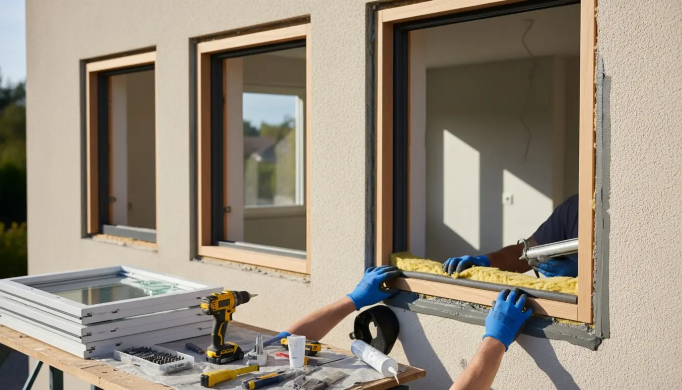 Håndværker trækker mineraluld ind og fugefører en træ/alu-vinduesramme med grå udvendig fuge.