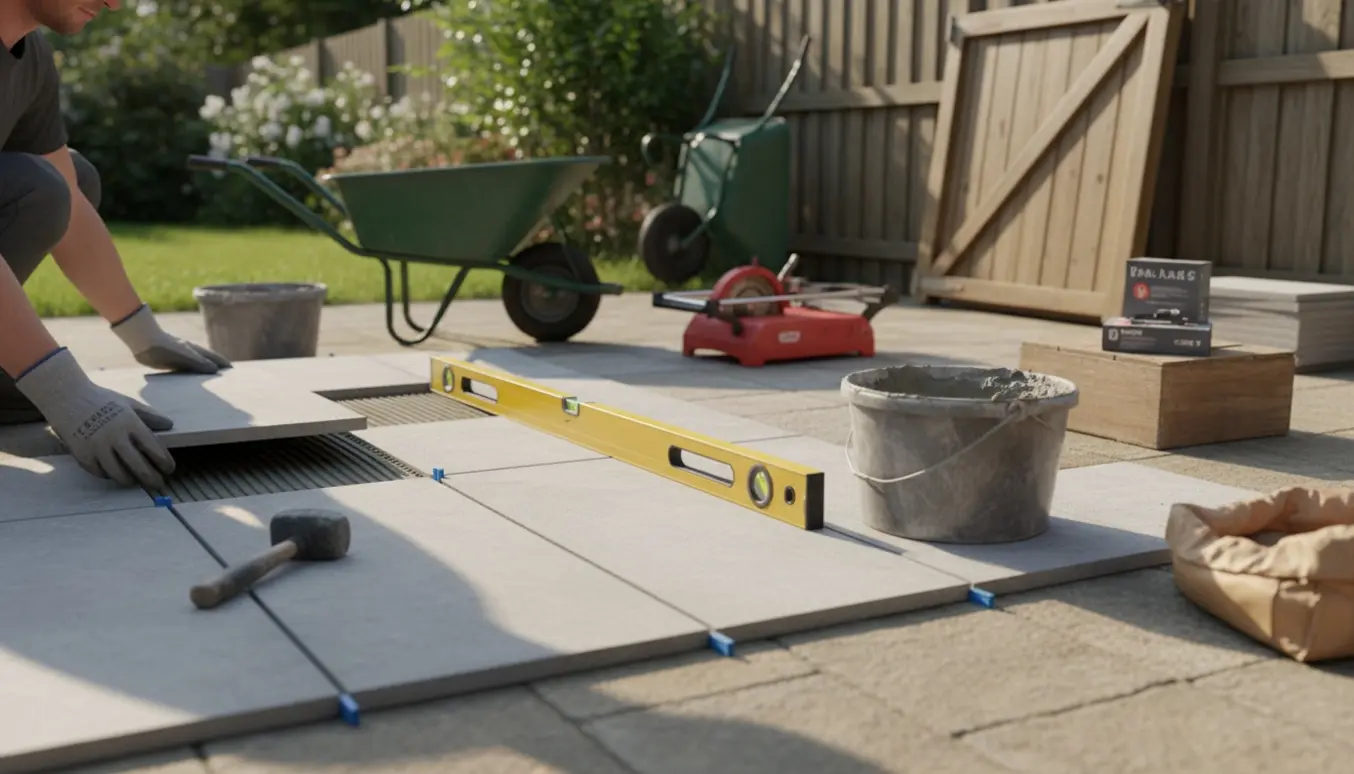 Udlægning af 30x60 fliser som forlængelse af en terrasse med værktøj og et havelåg i baggrunden.