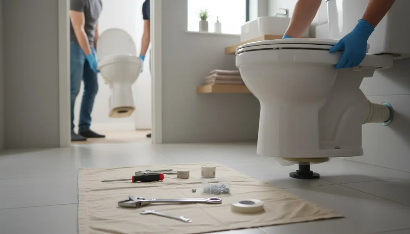 Et nyt toilet sættes på plads i et badeværelse, mens det gamle bliver båret væk, med værktøj lagt klar på gulvet.