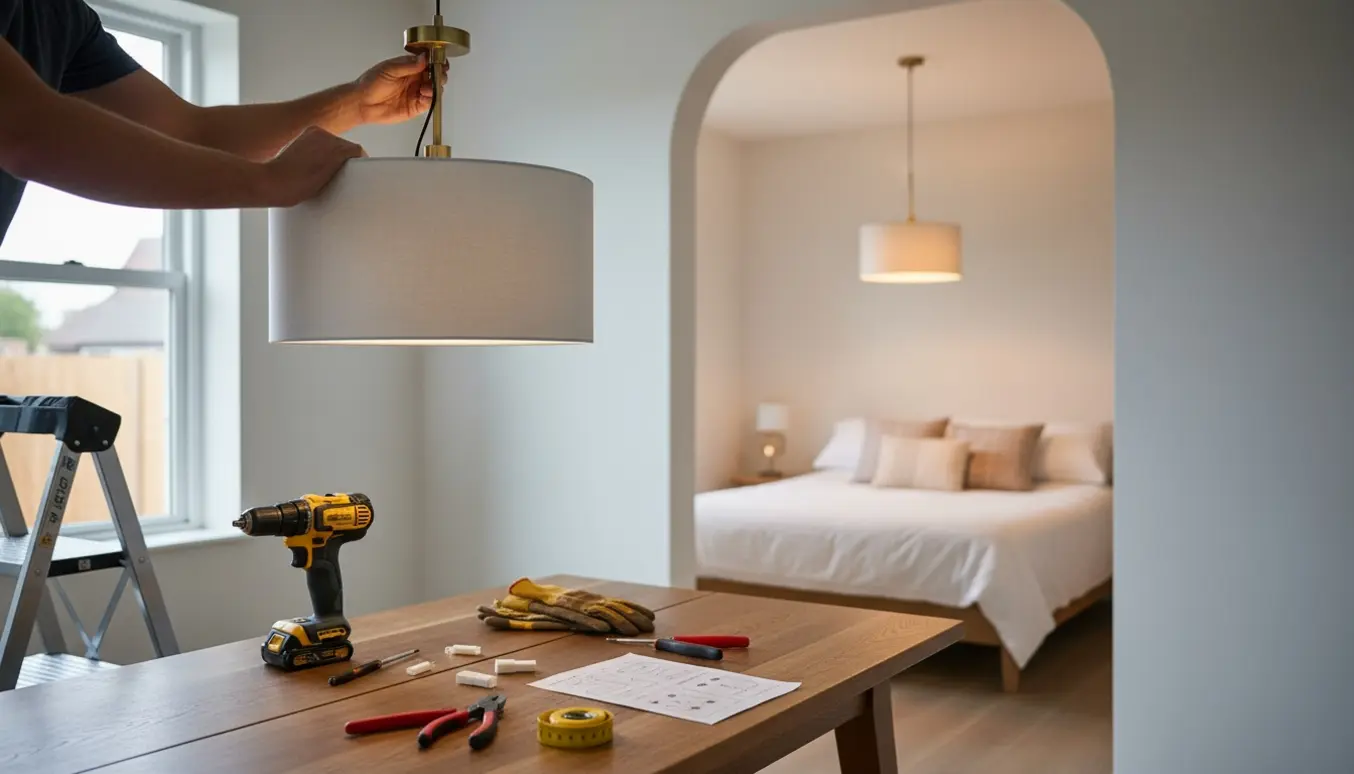 Hænder monterer en pendel over et spisebord, mens en oplyst lampe ses i soveværelset i baggrunden.