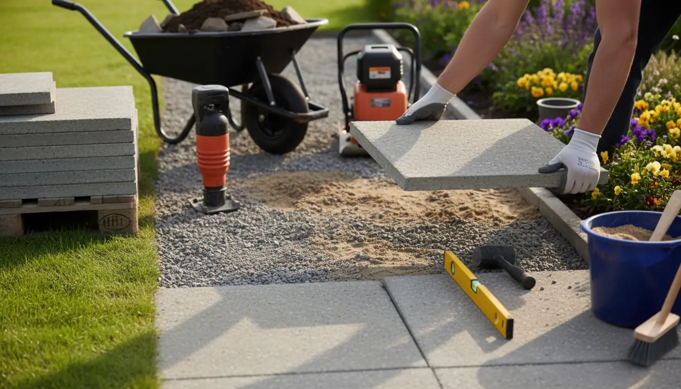 Nærbillede af lægning af nye 60x60 fliser i en havegang med værktøj, stabilgrus og kant mellem plæne og færdig sti.