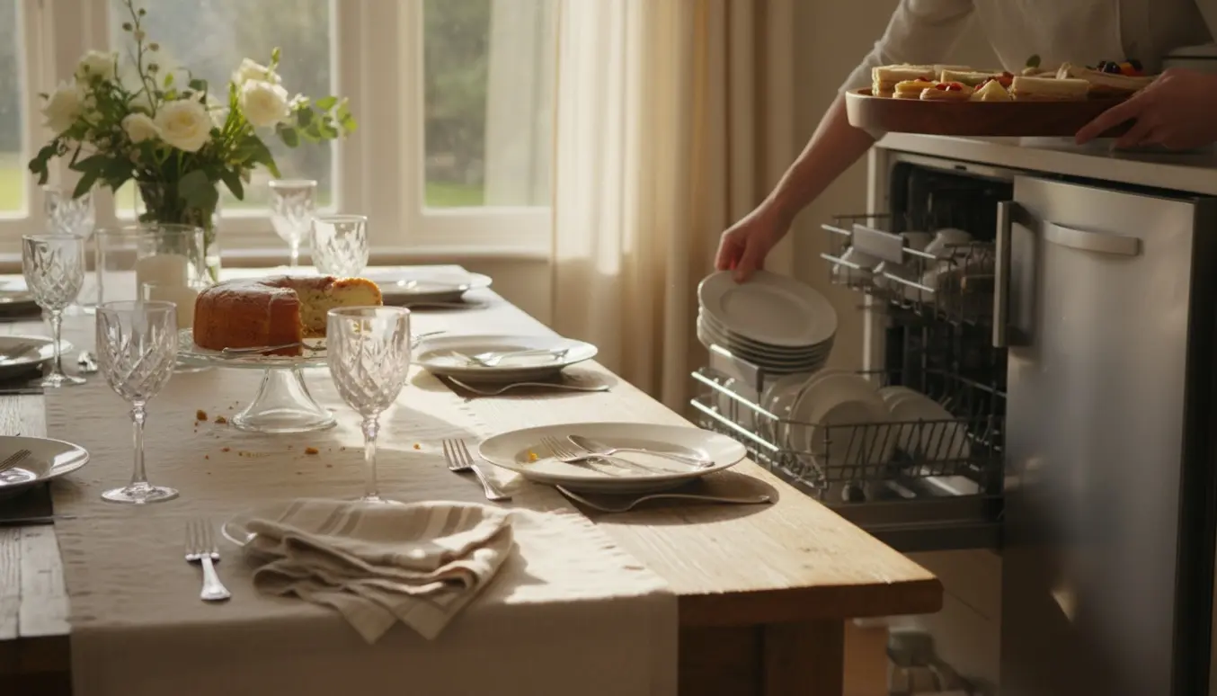Hænder rydder op efter konfirmation hjemme ved at bære fade og fylde opvaskemaskinen.