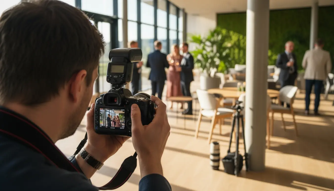En fotograf tager stemningsbilleder ved et virksomhedsarrangement i en lys, moderne lokation i København.