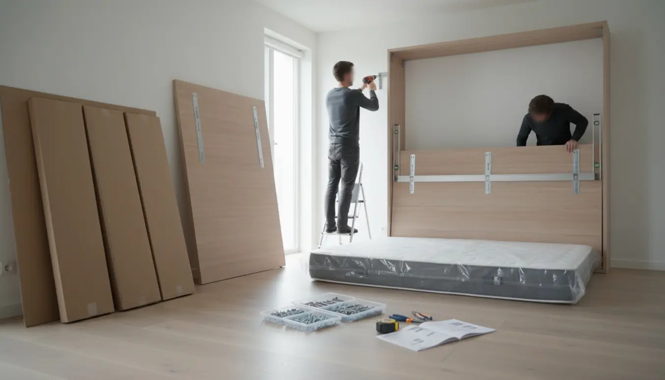 Delvist samlet skabsseng ved væg med værktøj og hænder, der monterer beslag.