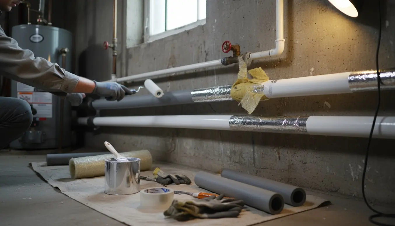 Hænder isolerer og maler vand- og varmerør i et kælderrum, med nyt hvidt maling og isolering.