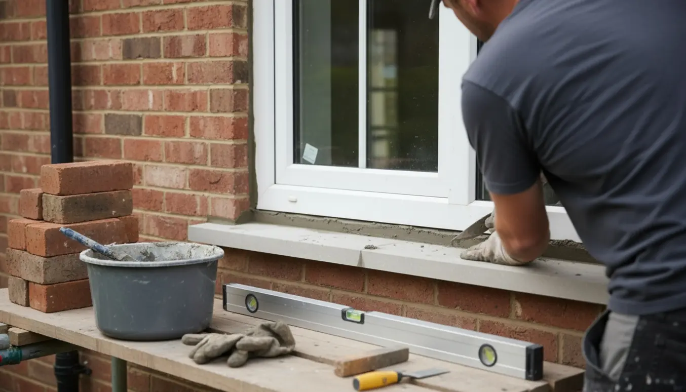 Hænder arbejder med murmørtel og monterer en ny sålbænk omkring et nyt vindue.