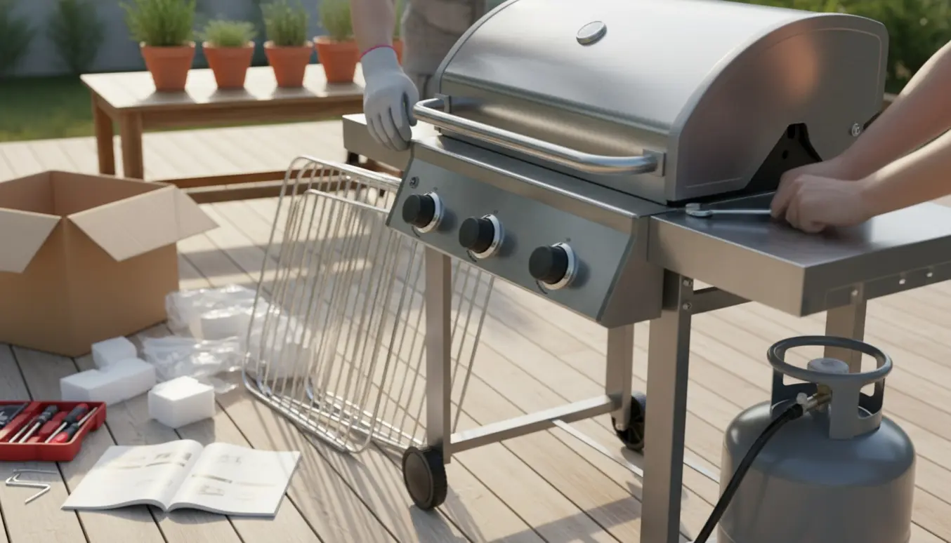 Nærbillede af montering af ny gasgrill på træterrasse med gasflaske og værktøj.