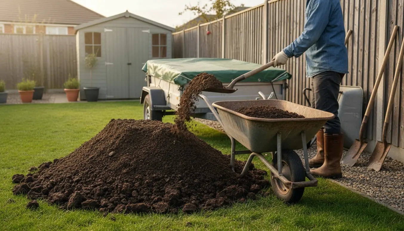 Havebillede af en stor jordbunke, hvor jord skovles i en trillebør ved en trailer klar til afhentning.
