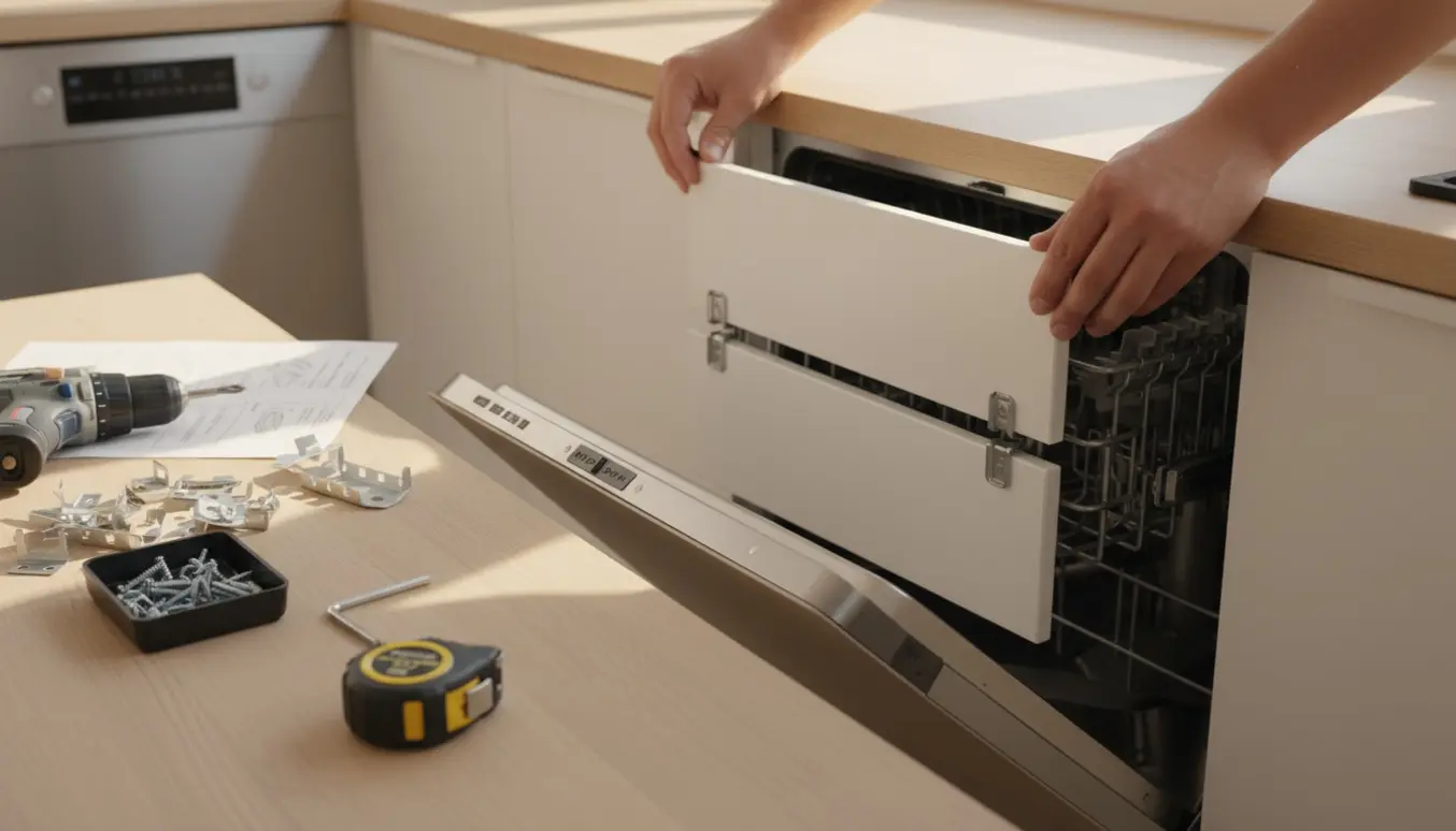 To hænder monterer en todelt hvid køkkenfront på en indbygget opvaskemaskine med beslag og værktøj.