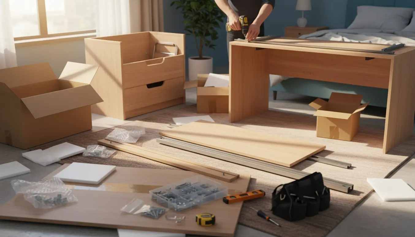 Delvist samlet kommode og skrivebord i et soveværelse med emballage og værktøj omkring, kun hænder synlige.