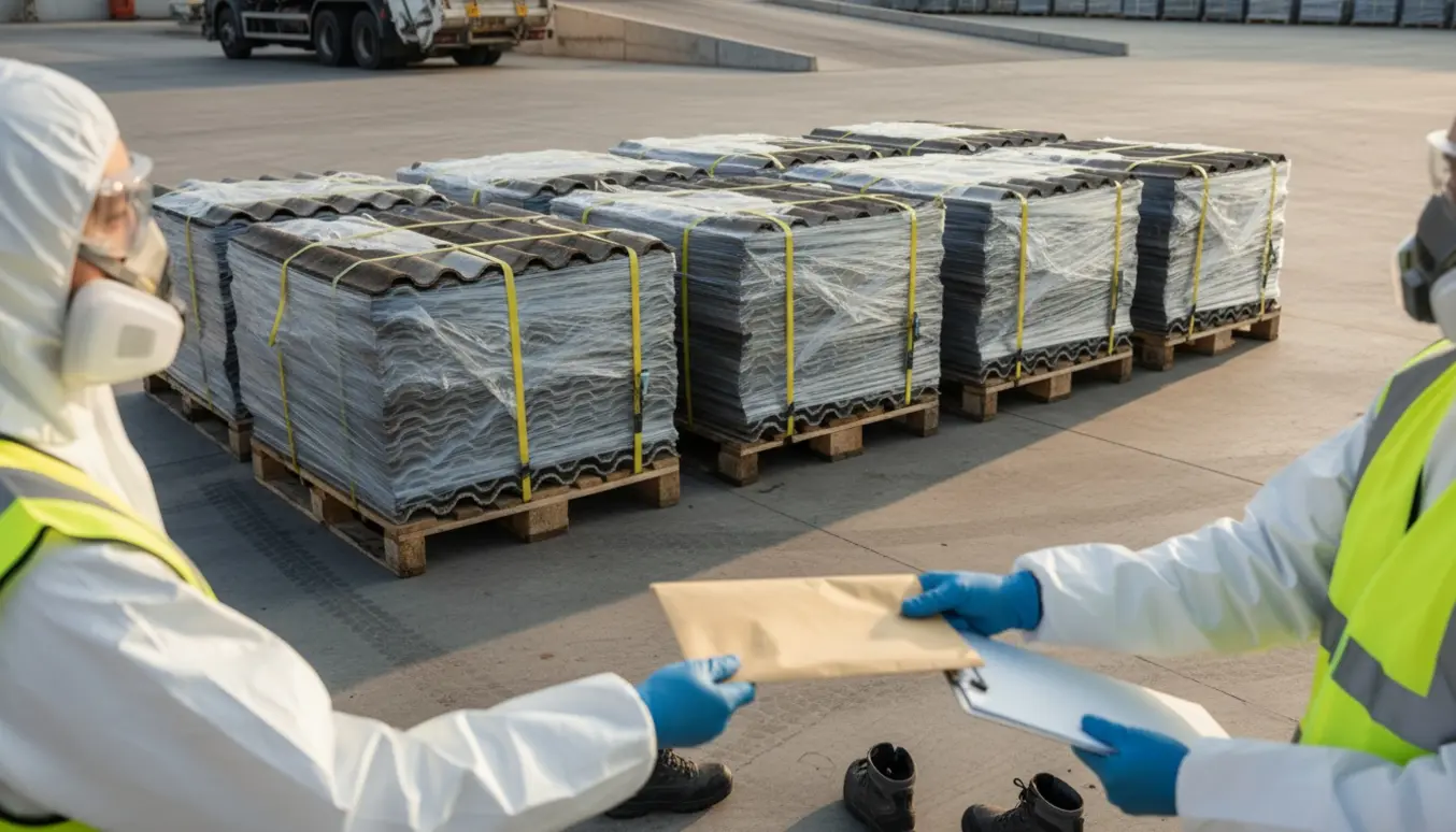 Syv paller med indpakkede asbest tagplader på et industriområde klar til afhentning, med beskyttede hænder der rækker en lukket kuvert.