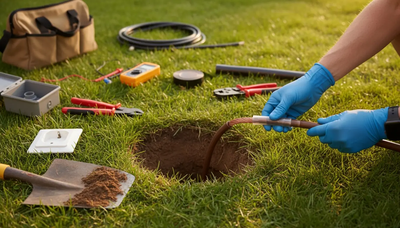 Beskyttede hænder monterer en samlemuffe på en afskåret jordkabel i en lille grøft i haven.