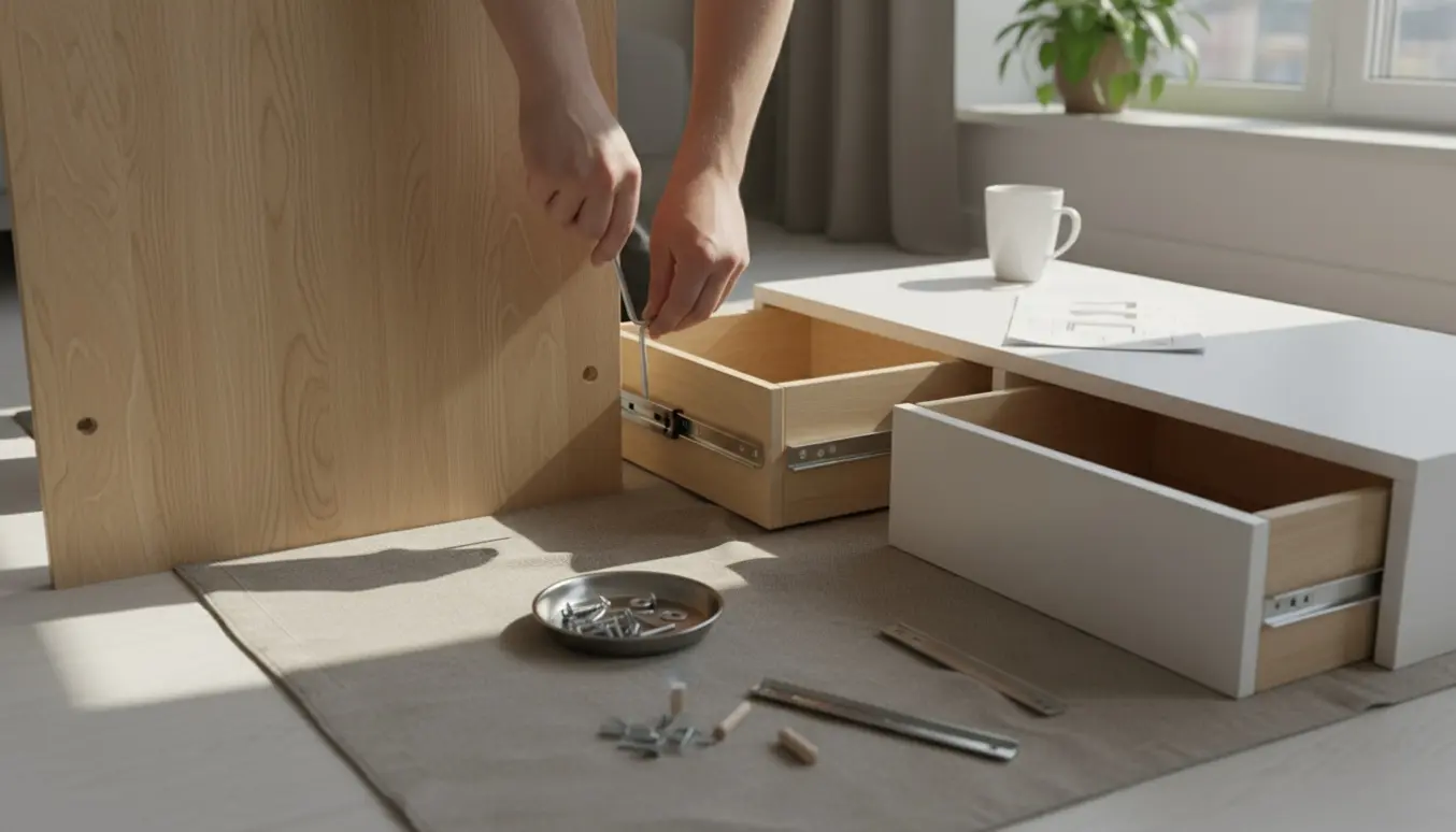 Nærbillede af samling af et lille skrivebord med skuffeelement, hænder strammer en skrue med unbrakonøgle.