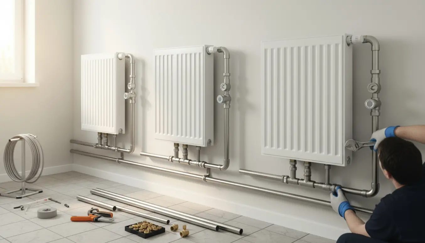 Synlige rustfri rør tilsluttes tre vægmonterede radiatorer i et lyst teknikrum.