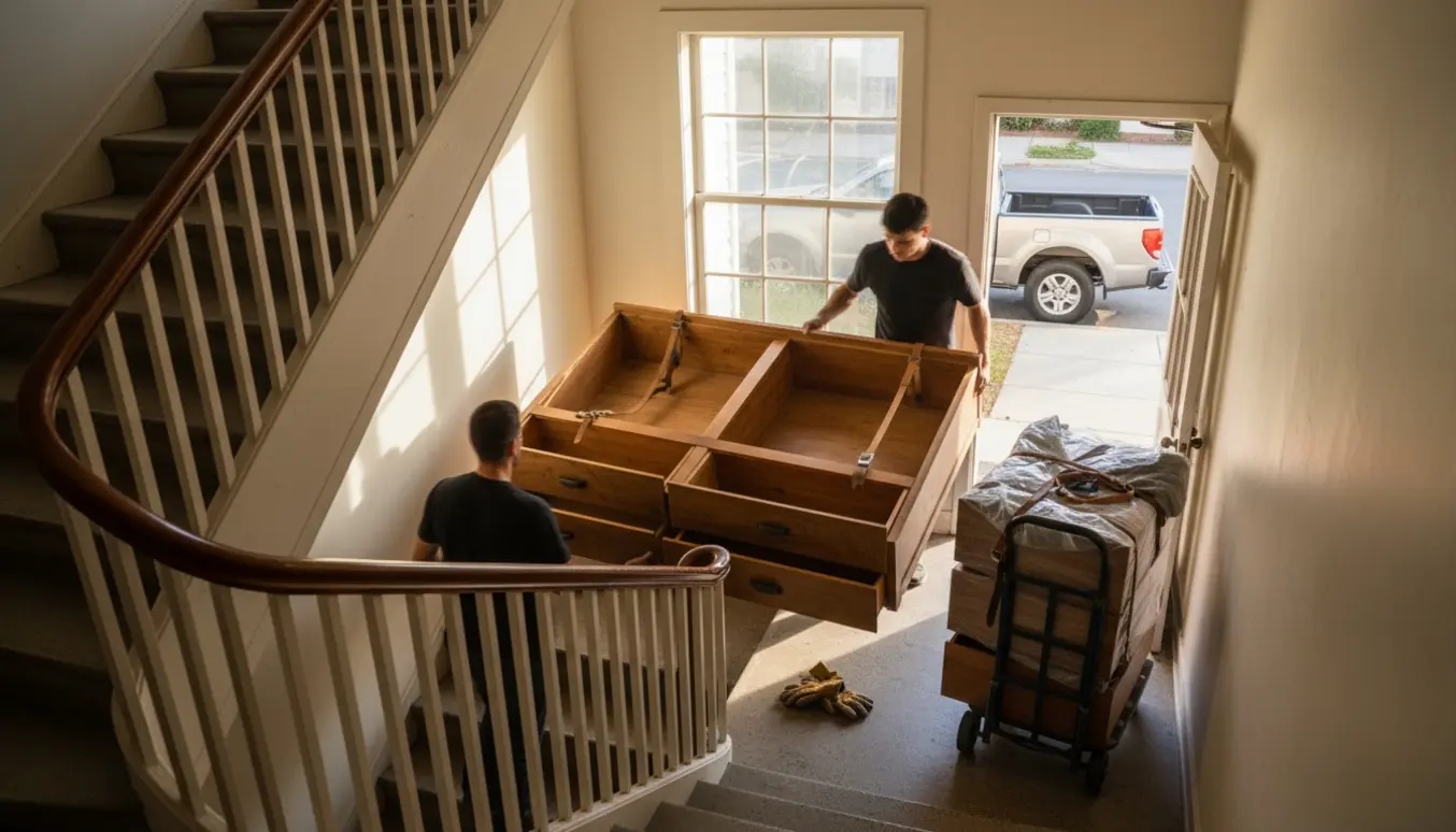 To personer bærer en halvandenmandsseng ned ad en trappe; fire skuffer er pakket på en tralle klar til afhentning.