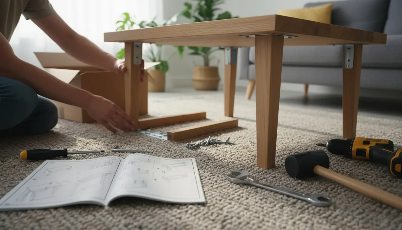 Nærbillede af samling af et nyt sofabord med dele, værktøj og manual i en lys stue.