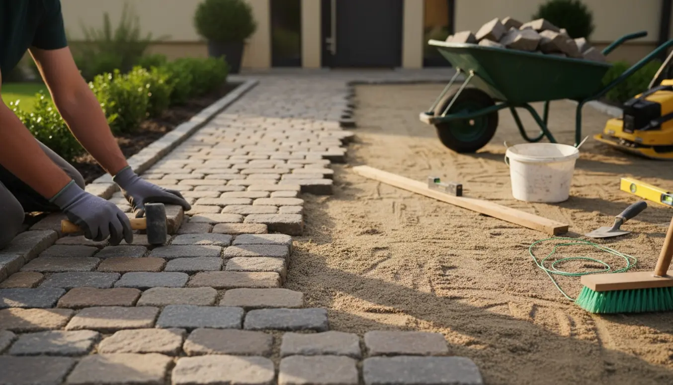 Delvist færdiggjort chaussé-brolægning i indgangsparti med værktøj og arbejdshænder i naturligt dagslys.