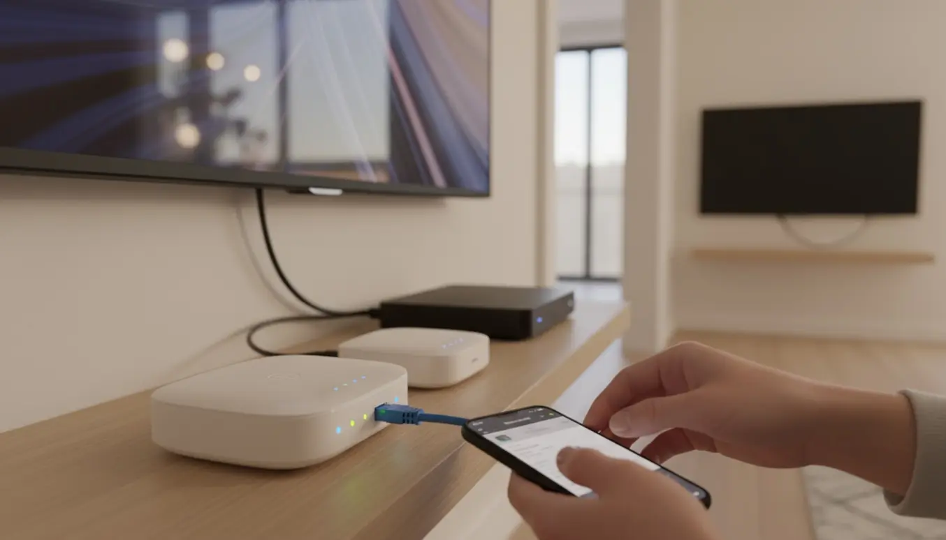 Hænder tilslutter en router og WiFi-extender i en stue, mens et fjernsyn i baggrunden viser intet signal.