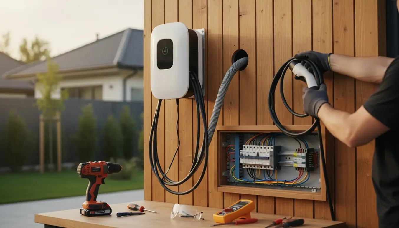 En ladestander monteres på en træfacade med værktøj og et åbent el-skab synligt gennem en vedligeholdelsesluge.