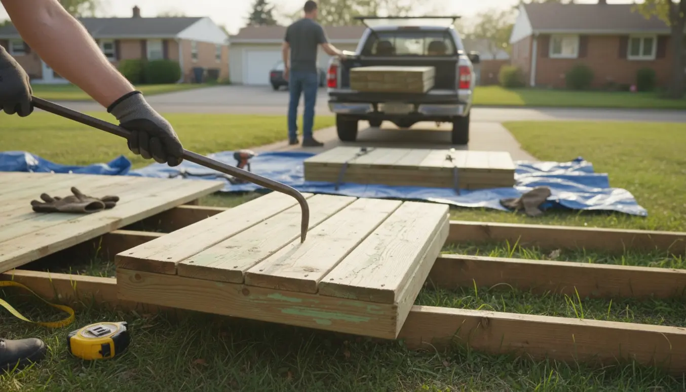 Hænder i arbejdshandsker fjerner et sammenhængende stykke terrassebrædder med værktøj og en åben varebil klar til afhentning.